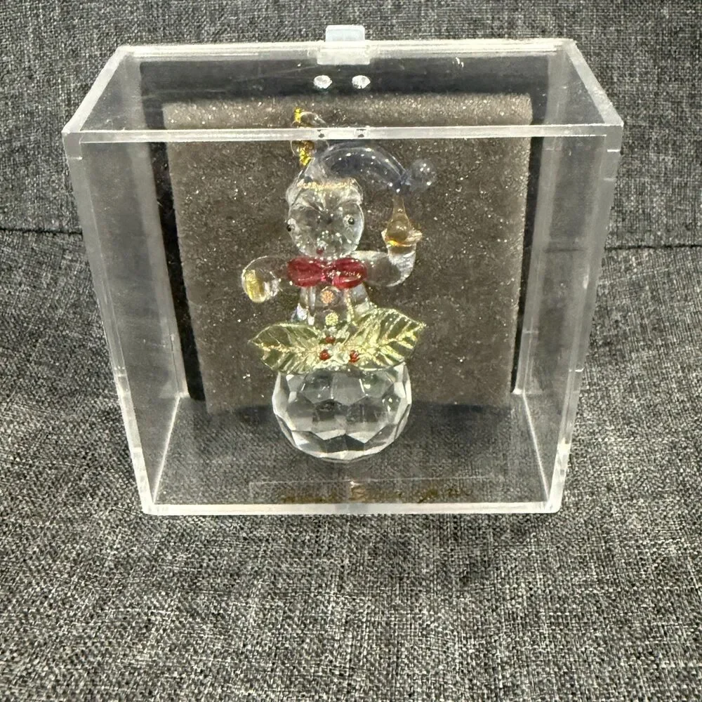 Crystal Figurine Hand Spun Glass Christmas Ornament Snowman In Box